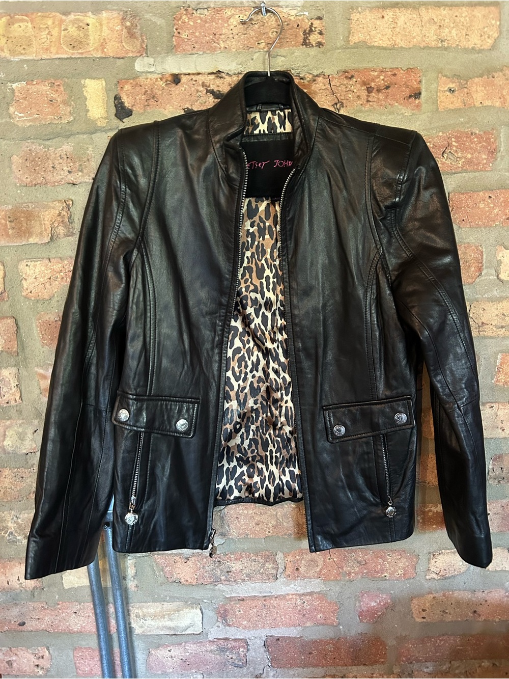 Betsey Johnson Black Leather Jacket with Leopard-Print Lining